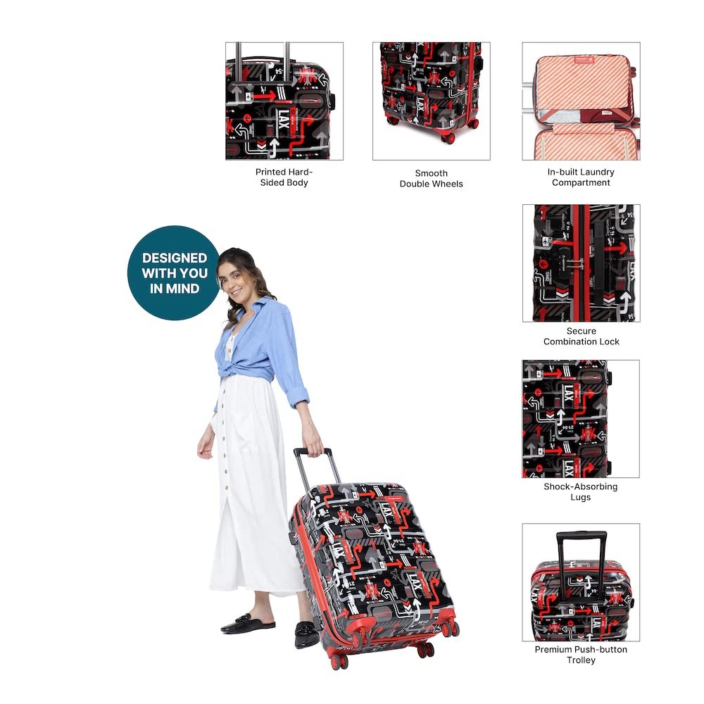 uppercase JFK Trolley Bag Set of 2 (S+M) Hardsided Polycarbonate Cabin & Check-in Printed Trolley Bag|8 Wheel Speed_Wheel Suitcase for Men & Women|2000 Days Warranty (Black), 65.5 Centimeters - Image 4