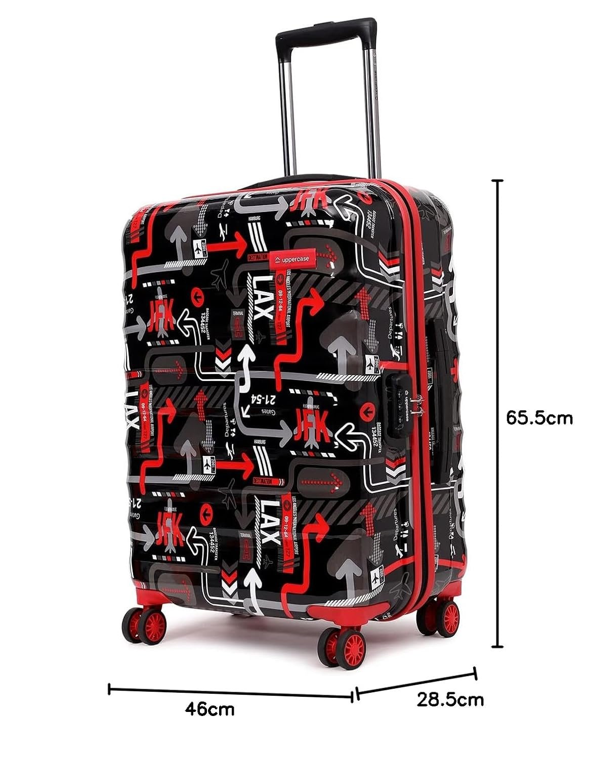 uppercase JFK Trolley Bag Set of 2 (S+M) Hardsided Polycarbonate Cabin & Check-in Printed Trolley Bag|8 Wheel Speed_Wheel Suitcase for Men & Women|2000 Days Warranty (Black), 65.5 Centimeters - Image 9