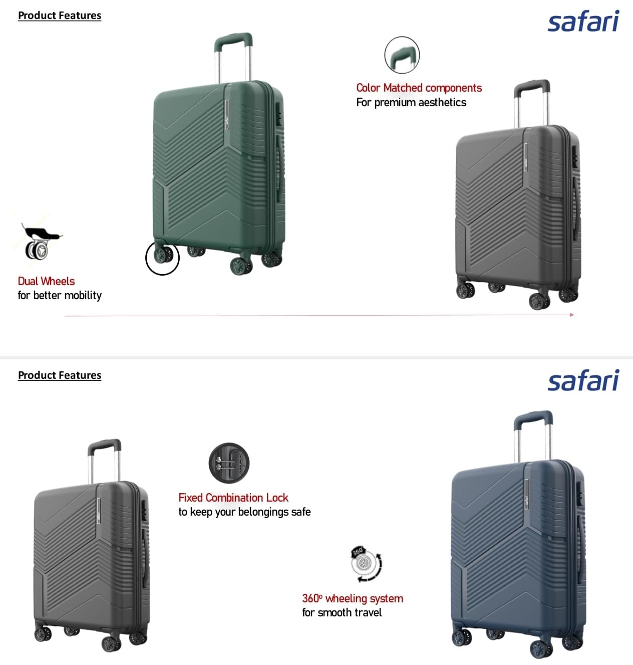 Safari Carter Pro Premium Trolley Bag, 24-Inch, Dual Wheels, 360° Wheeling System,Grey - Image 2