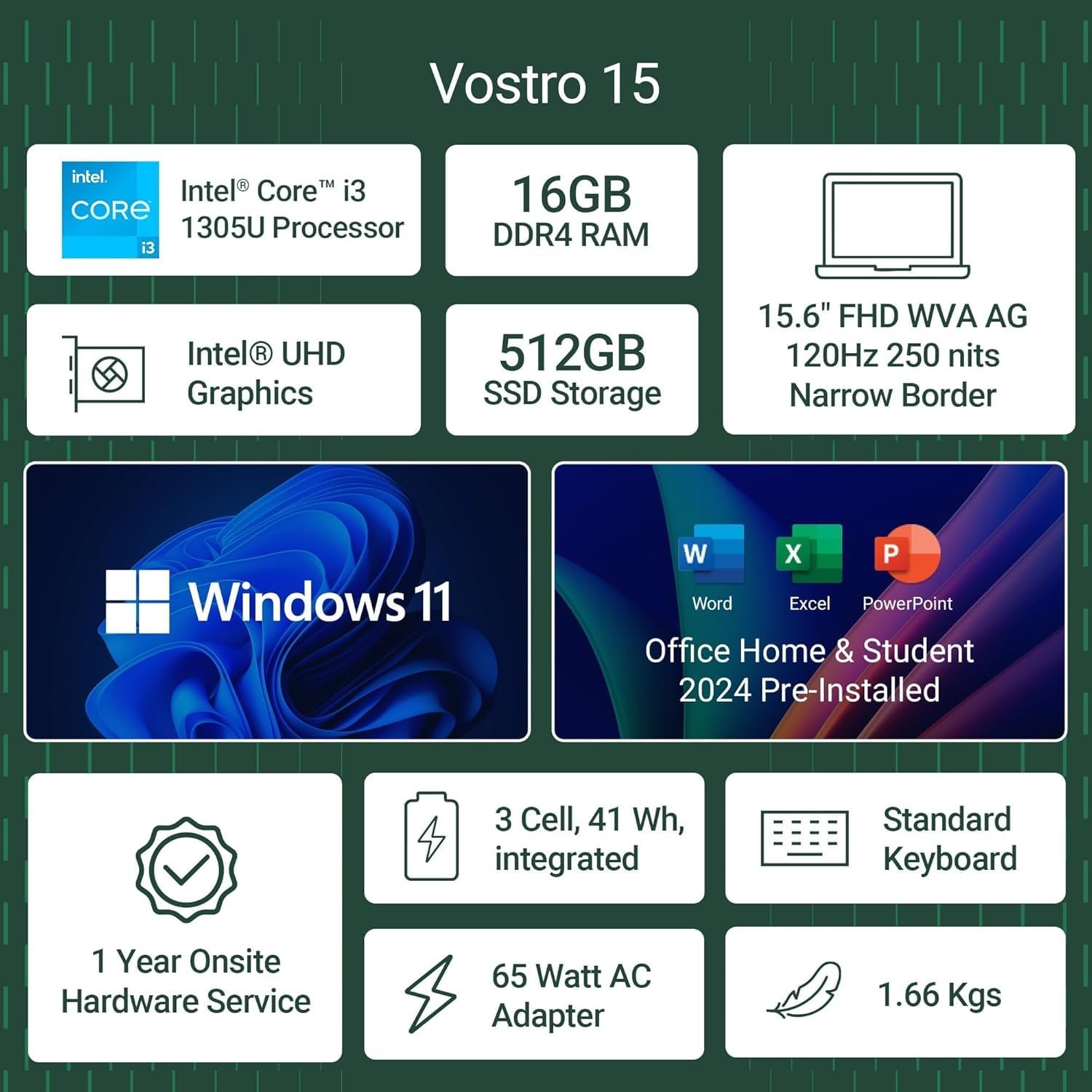 Dell Vostro 13th Gen Laptop Intel, Intel Core i3-1305U, 15.6" FHD 120Hz 250 nits Narrow Border Display, 16GB DDR4 RAM, 512GB, Intel UHD Graphics, Win 11 + Office H&S 2024, Titan Grey, 1.66Kg - Image 2