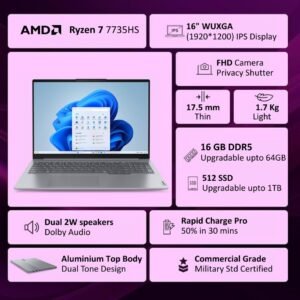 Lenovo ThinkBook 16 AMD Ryzen 7 7735HS (16GB RAM/512GB SSD/Win 11 Home/Office 2024/Backlit Keyboard/Fingerprint) 16" WUXGA IPS 300 Nits Thin & Light Laptop/1Y Warranty/Aluminium Top/1.7kg, 21MWA0R4IN