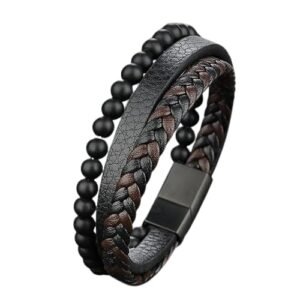 MEENAZ Black Leather Bracelet for Men Boys Magnetic-Clasp Evil Eye Bracelets for Men Stylish Combo Silver Stainless Steel Birthday Gift Anniversary Husband 665
