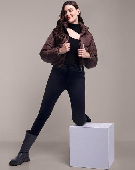 CRAMPLE® Women Faux Leather Crop Jacket Long Quilted Hood Puffer Winter Coat - Image 2