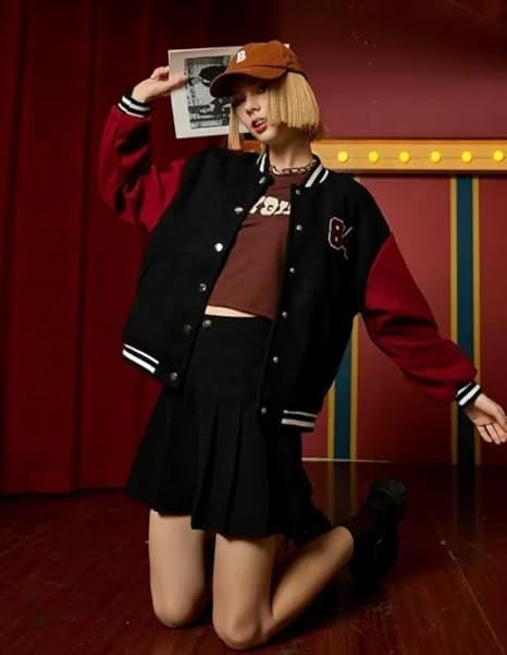 Women's Casual Solid Button Round Neck Full Sleeve Colorblock Bomber Varsity Jacket - Image 2