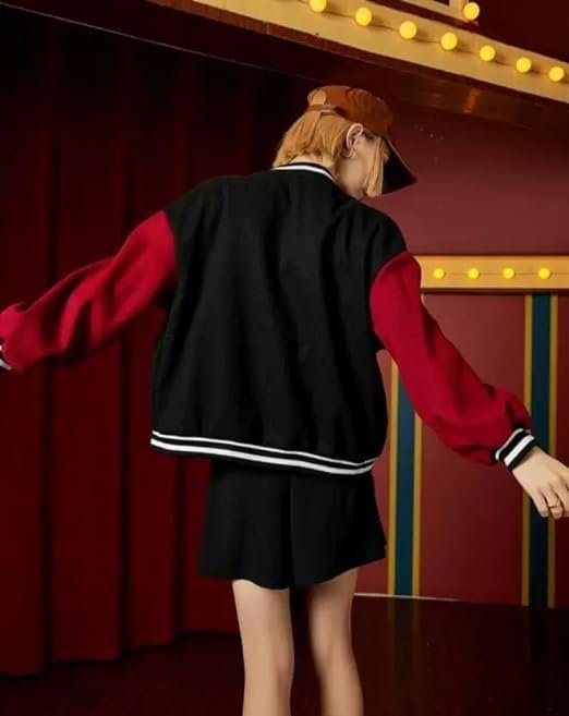 Women's Casual Solid Button Round Neck Full Sleeve Colorblock Bomber Varsity Jacket - Image 3