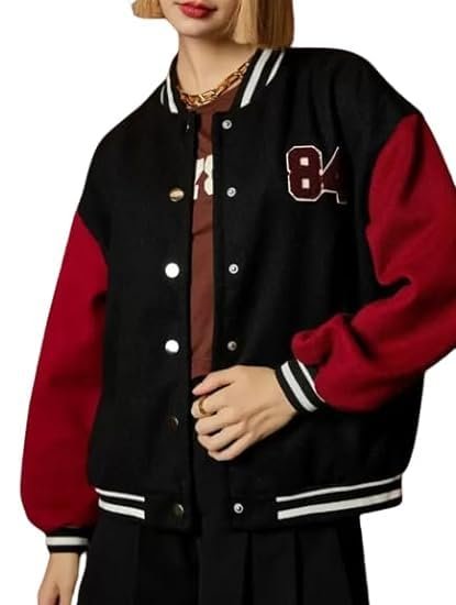 Women's Casual Solid Button Round Neck Full Sleeve Colorblock Bomber Varsity Jacket