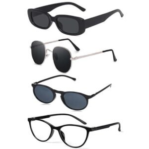 Unisex Retro, Rectangle, Round, Cateye Sunglasses For Women And Men | Stylish Classic Shades Black, Clear | Latest Branded Combo Offer Pack UV400 Protection Fashion Glasses With Box #1264