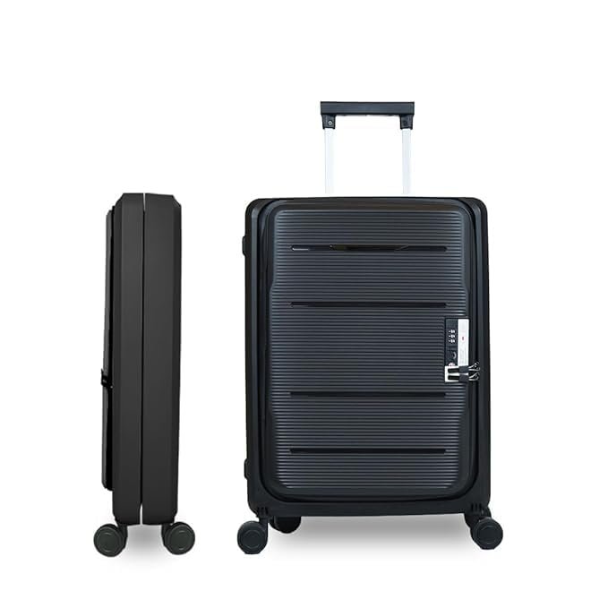 Kuber Industries Plastic 24 Inch Collapsible Hard Shell 8 Wheels Double Spinner Trolley Luggage Bag for Travel - Lightweight Suitcase - Black, Medium