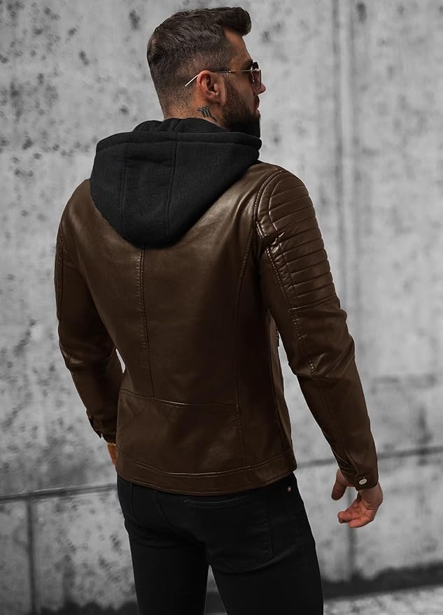 Blaq Ash Men's Faux Leather Hooded Motorcycle Jacket Removable Hood - Image 2
