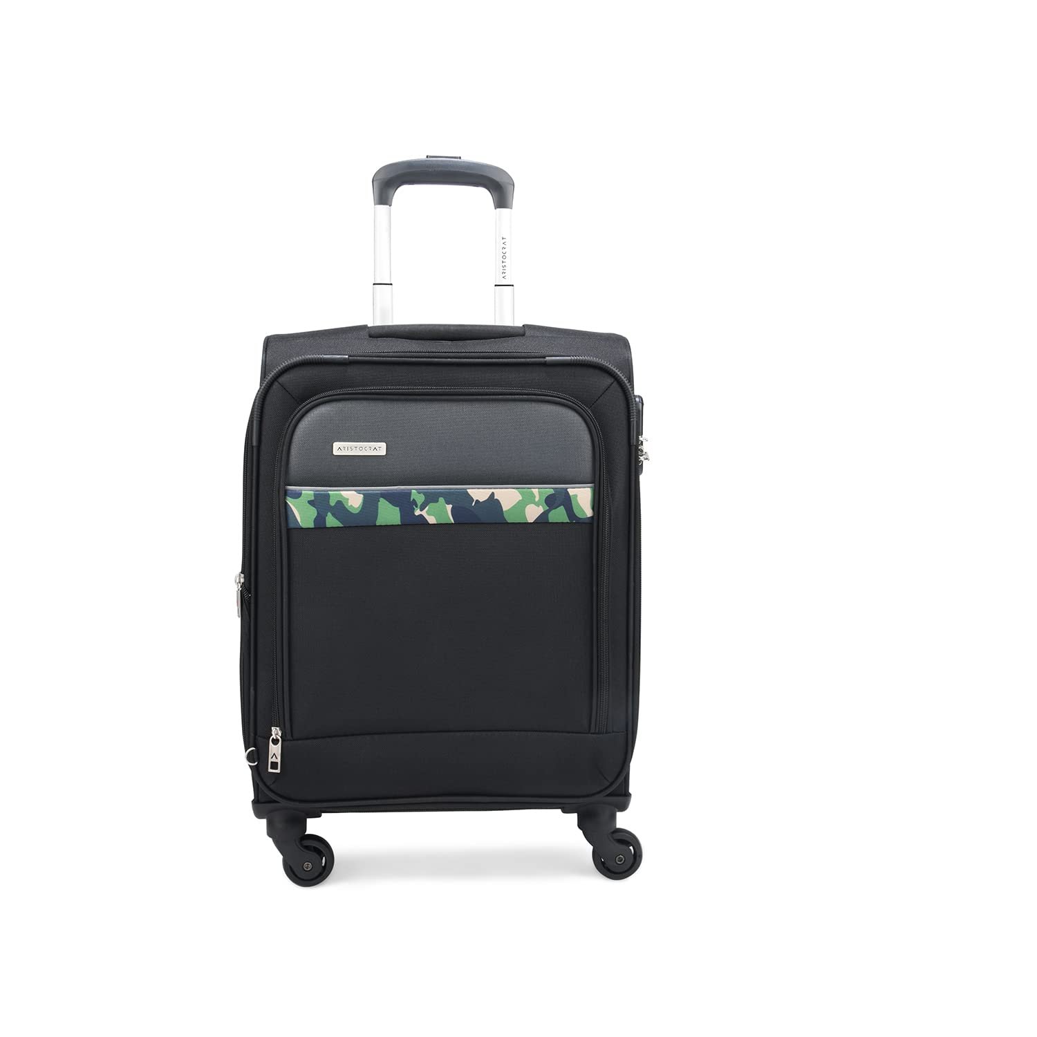 Aristocrat Cabin Commander 55Cms Premium Polyester with PVC Coating Softshell Sided Size 4 Wheels Small Black Inline Suitcase, Medium