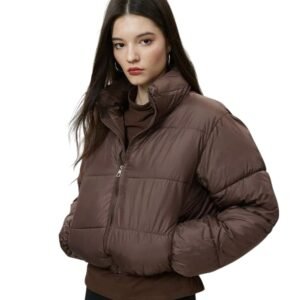 CRAMPLE® Women Faux Leather Crop Jacket Long Quilted Hood Puffer Winter Coat