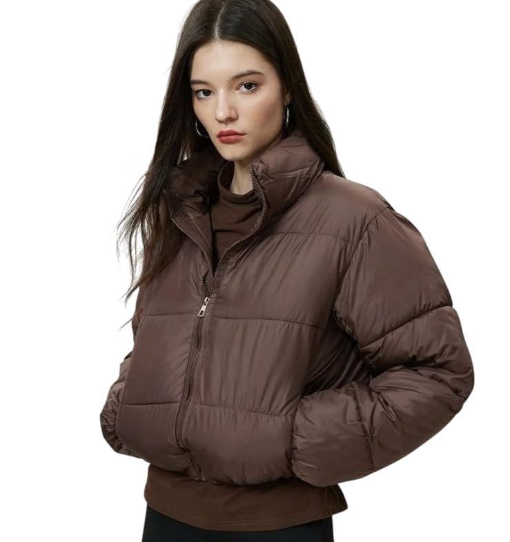 CRAMPLE® Women Faux Leather Crop Jacket Long Quilted Hood Puffer Winter Coat