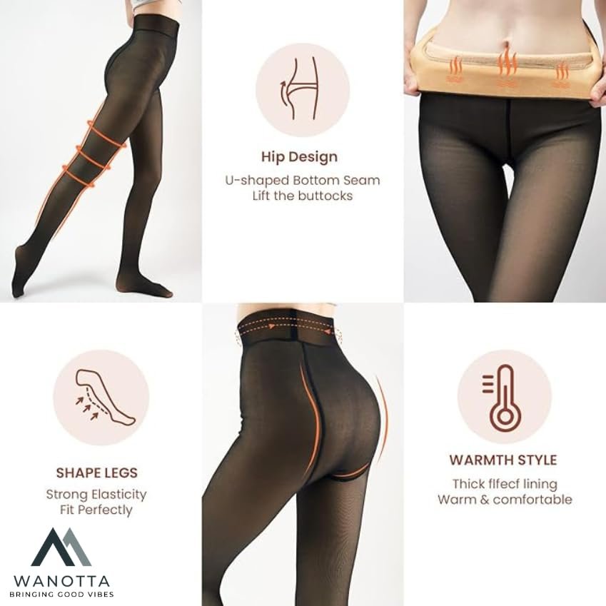 Wanotta Women Skinny Fit Mid High Rise Winter Fleece Warm Thermal Leggings Dual-Tone Velvet Touch Woolen Pantyhose Tights Pants(Free Size) (Waist:26 to 36Inch Stretchable) (Black-Footed) - Image 2