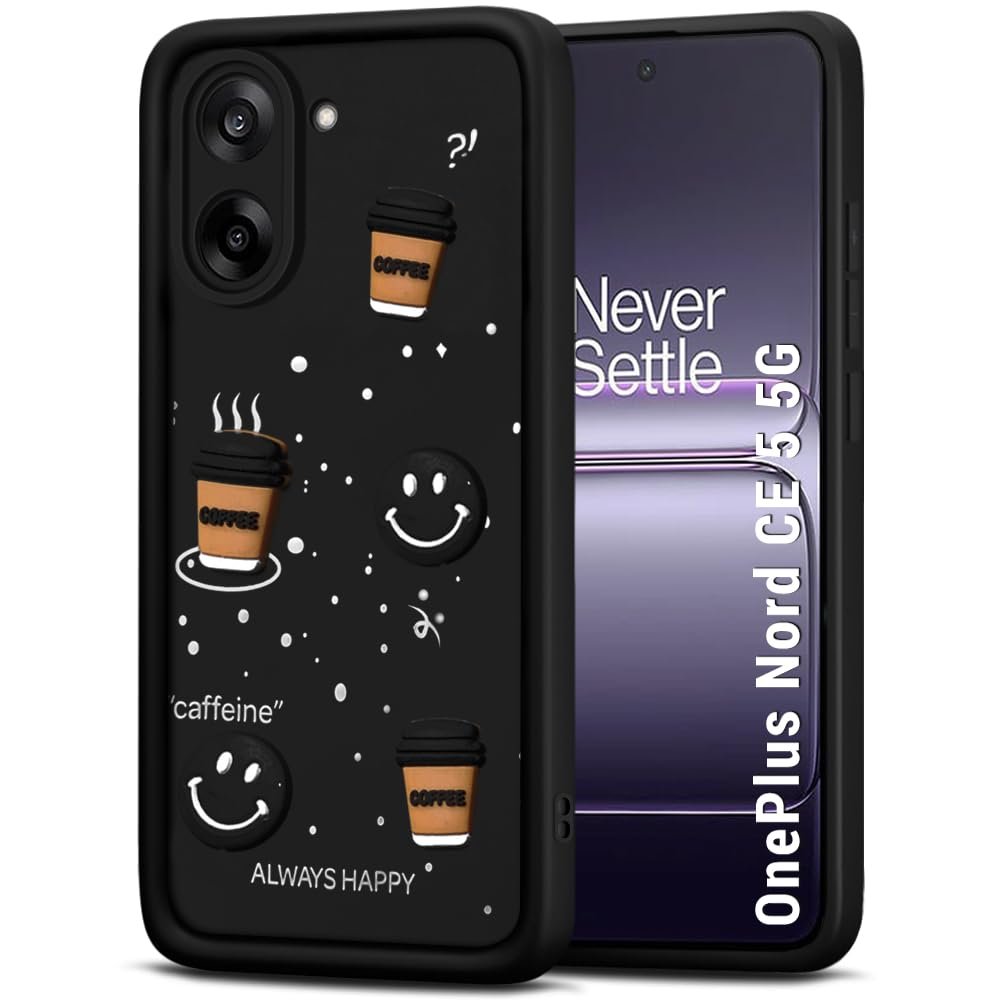 TheGiftKart Back Cover Case for OnePlus Nord CE 5 5G | Cute Fun Cartoon 3D Smiley Coffee Case | Full Camera Protection | Shockproof Back Cover Case for OnePlus Nord CE 5 5G (Silicone, Black)