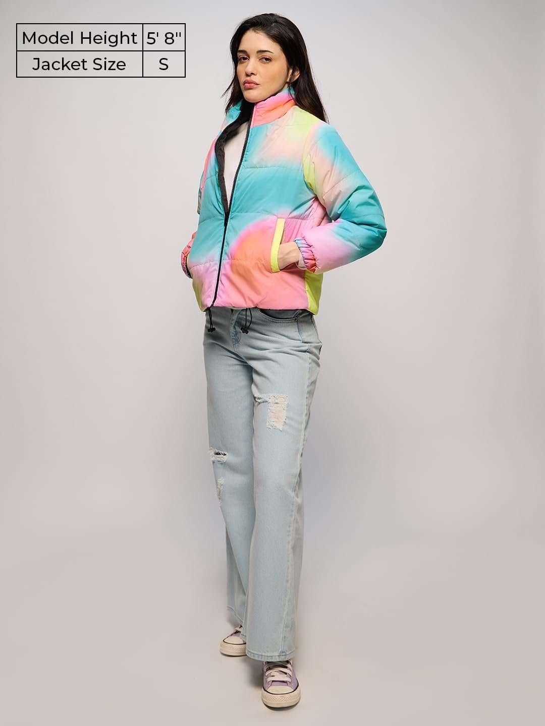 The Souled Store Reversible Puffer: Floral Graffiti Women and Girls Long Sleeves Stand Collar Zipper Front Multicolor Polyester Puffer Jackets - Image 2