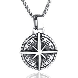 Fashion Frill Silver Chain Pendant For Men Round Pendant Cross Compass Necklace Chain For Men Boys Men’s Jewellery Pendant Necklace Accessories