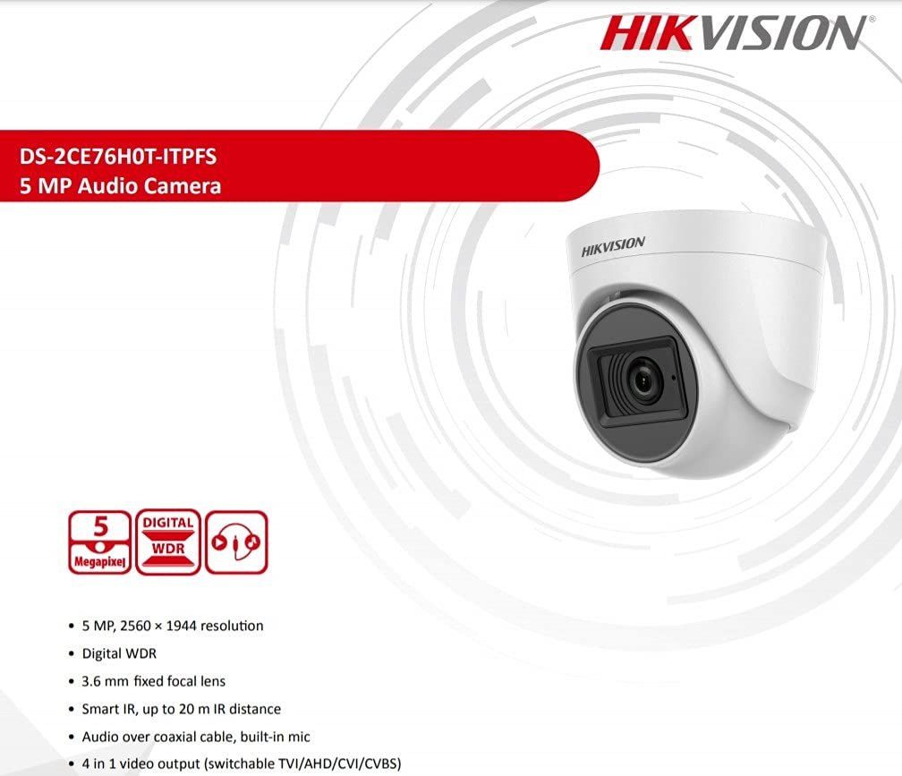 HIKVISION 5 MP Indoor Dome CCTV Camera with inbuilt Audio Mic DS-2CE76H0T-ITPFS White Wired, 1080P - Image 4