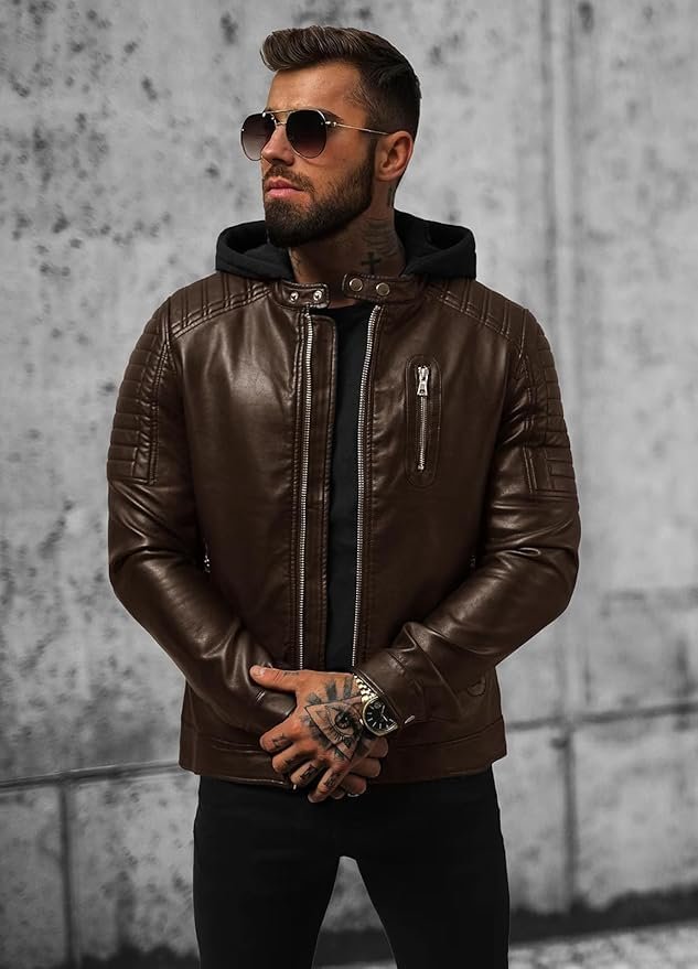 Blaq Ash Men's Faux Leather Hooded Motorcycle Jacket Removable Hood - Image 3