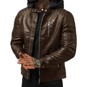 Blaq Ash Men’s Faux Leather Hooded Motorcycle Jacket Removable Hood