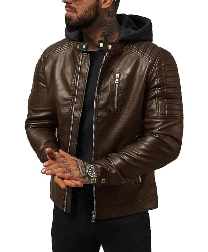 Blaq Ash Men's Faux Leather Hooded Motorcycle Jacket Removable Hood