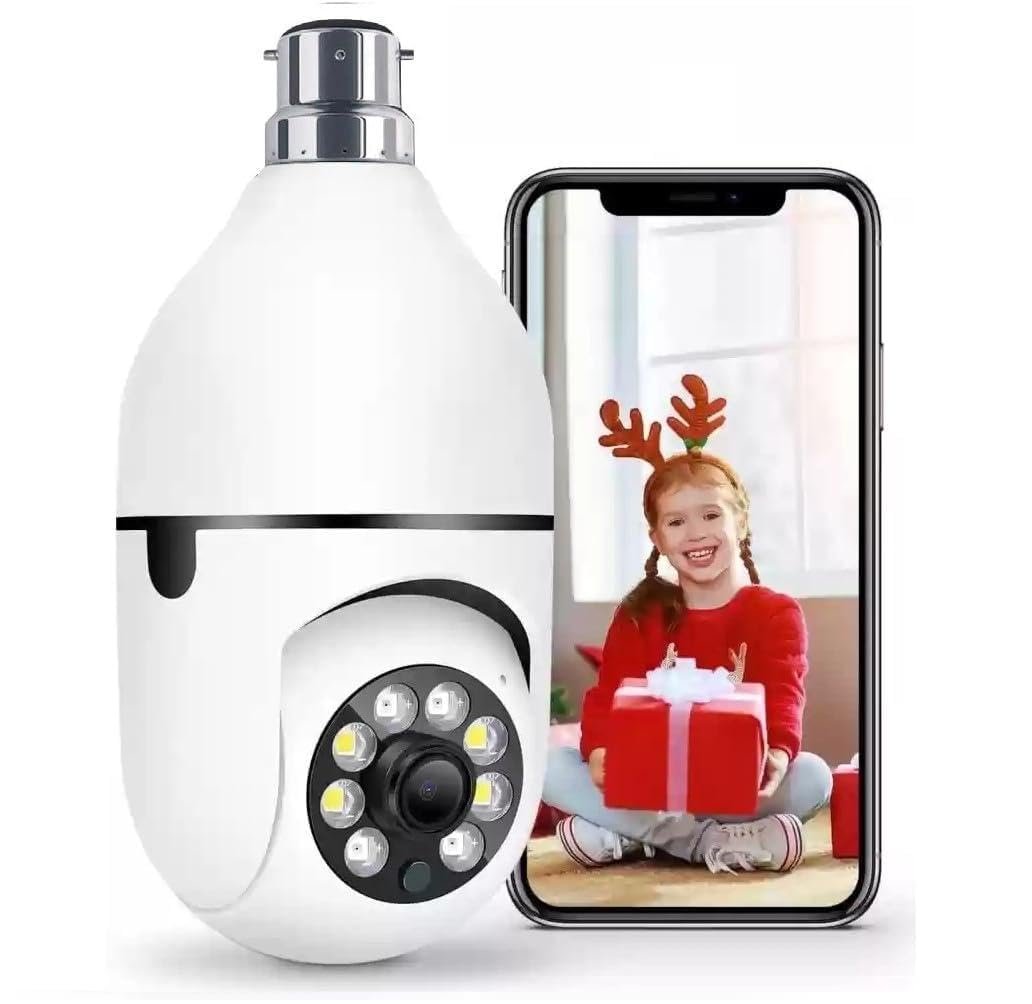 TP PLUS 3MP Full HD Smart Wi-Fi CCTV Home Security Camera 360° with Pan Tilt Bulb Camera View & Talk 128GB SD Card Support (Not Included) Perfect for Home Office Monitoring (Light Camera)