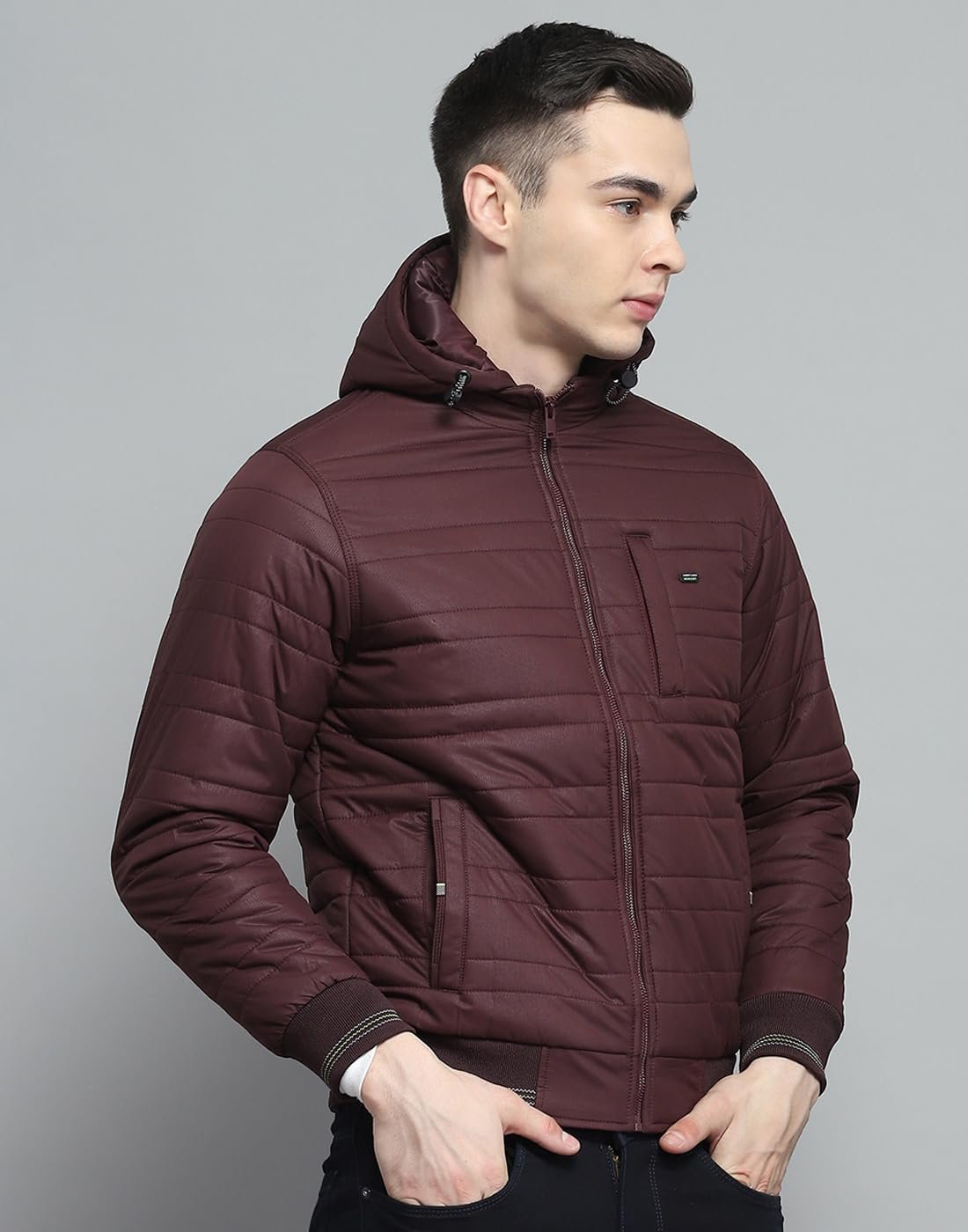 Monte Carlo Mens Solid Wine Hooded Neck Full Sleeve Jacket - Image 4