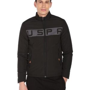 U.S. POLO ASSN. Men Black High Neck Brand Print Polyester Standard Length Casual Jacket