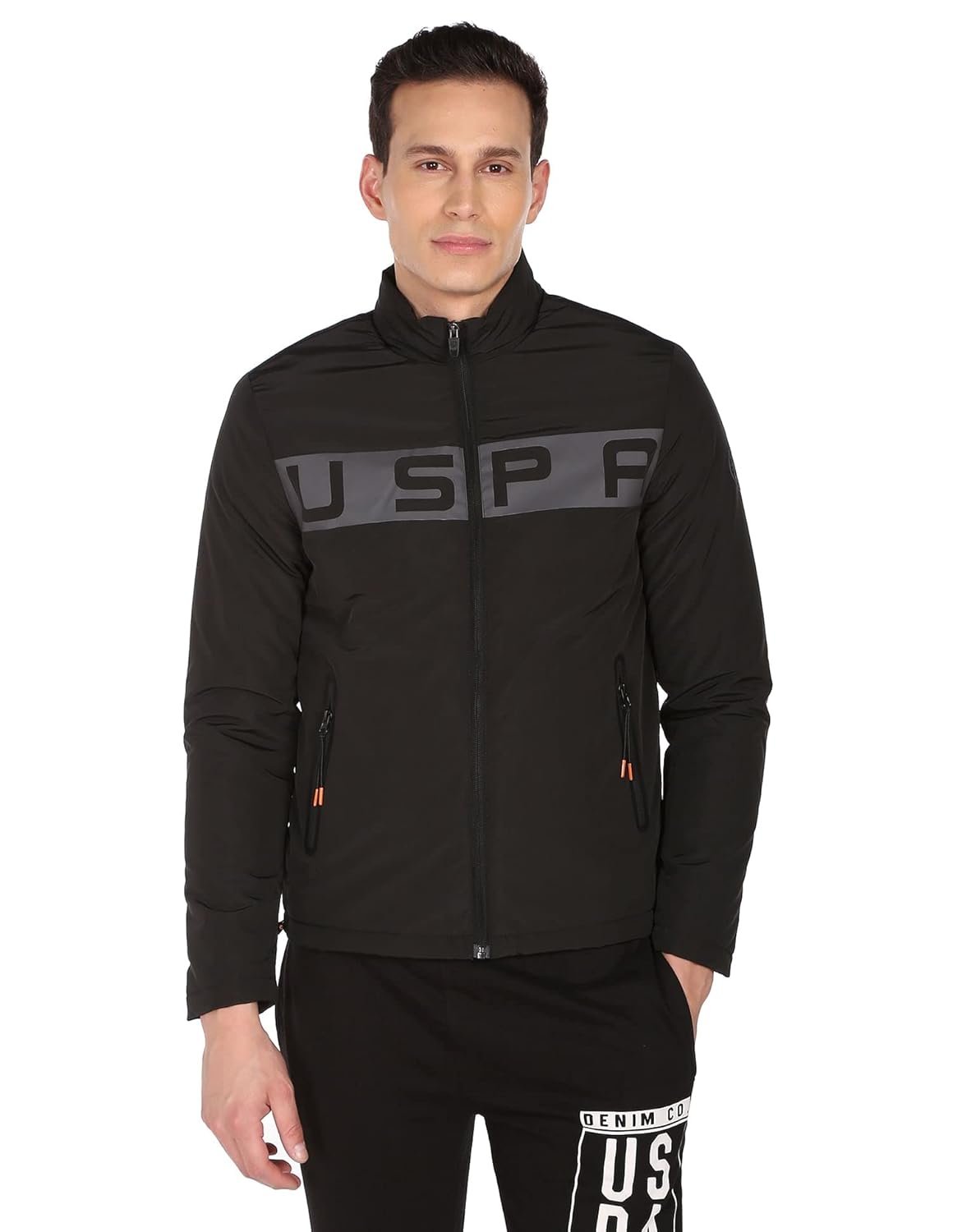 U.S. POLO ASSN. Men Black High Neck Brand Print Polyester Standard Length Casual Jacket