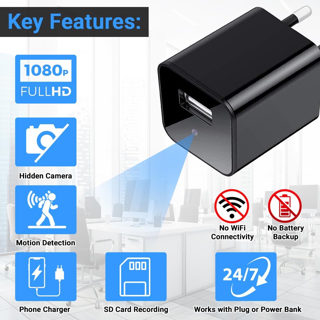 Eye4Spy 1080P USB Charger Mini Camera – Motion Detection, Loop Recording, No Wi-Fi, SD Card Storage - Support Up to 256GB Card – Home & Office Security Surveillance Camera - Image 2