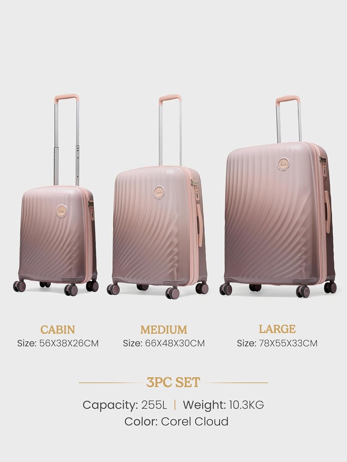 Genie Polycarbonate (Pc) Spinner Scarlett Hard Trolley Bag Luggage with Expander,TSA Lock,4 Wheels,Toiletry Pocket,Shoe Pouch,Packing Cubes & Dual Wheels-Small,Medium & Large Set-Coral Cloud,78 cm - Image 7