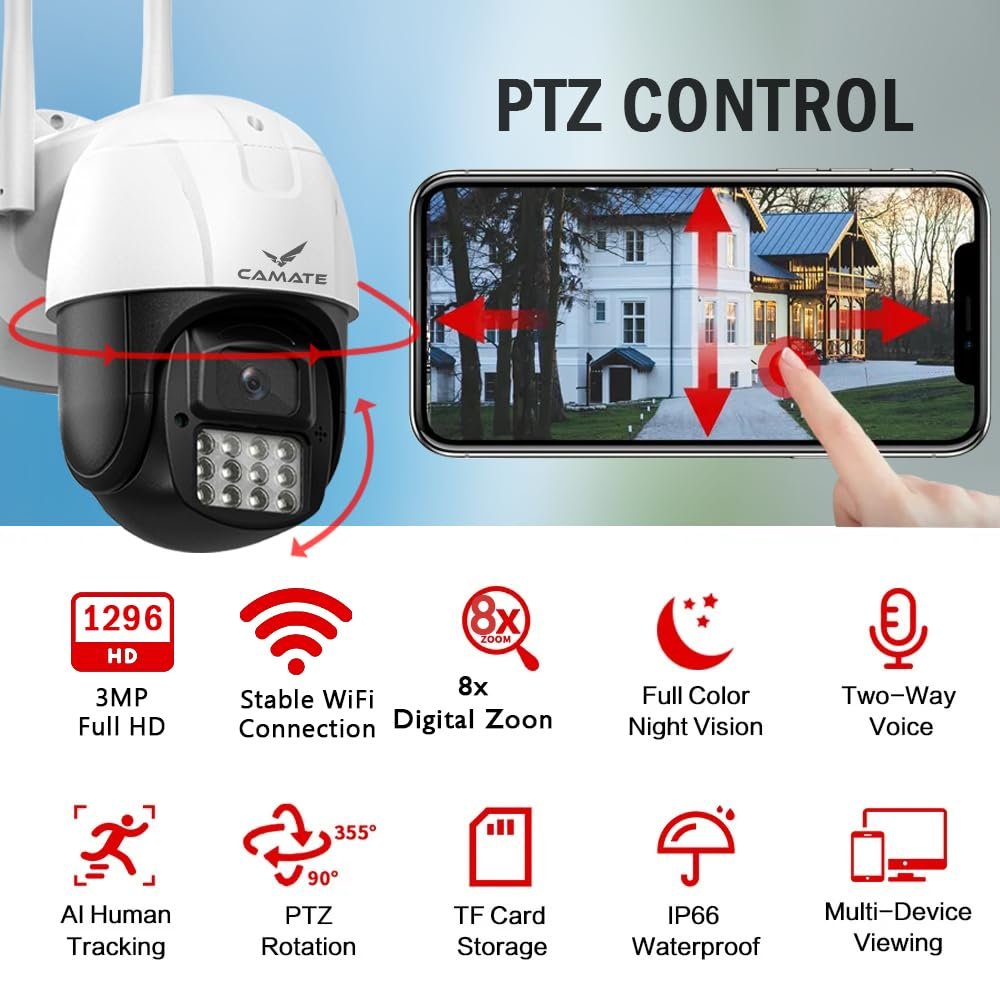 Camate Arc 3MP Full HD WiFi Outdoor CCTV Camera with PTZ | Weatherprood | Colored Night Vision | 2-Way Audio | Motion Track | Support 256 GB Micro SD Card Slot (Arc) - Image 2