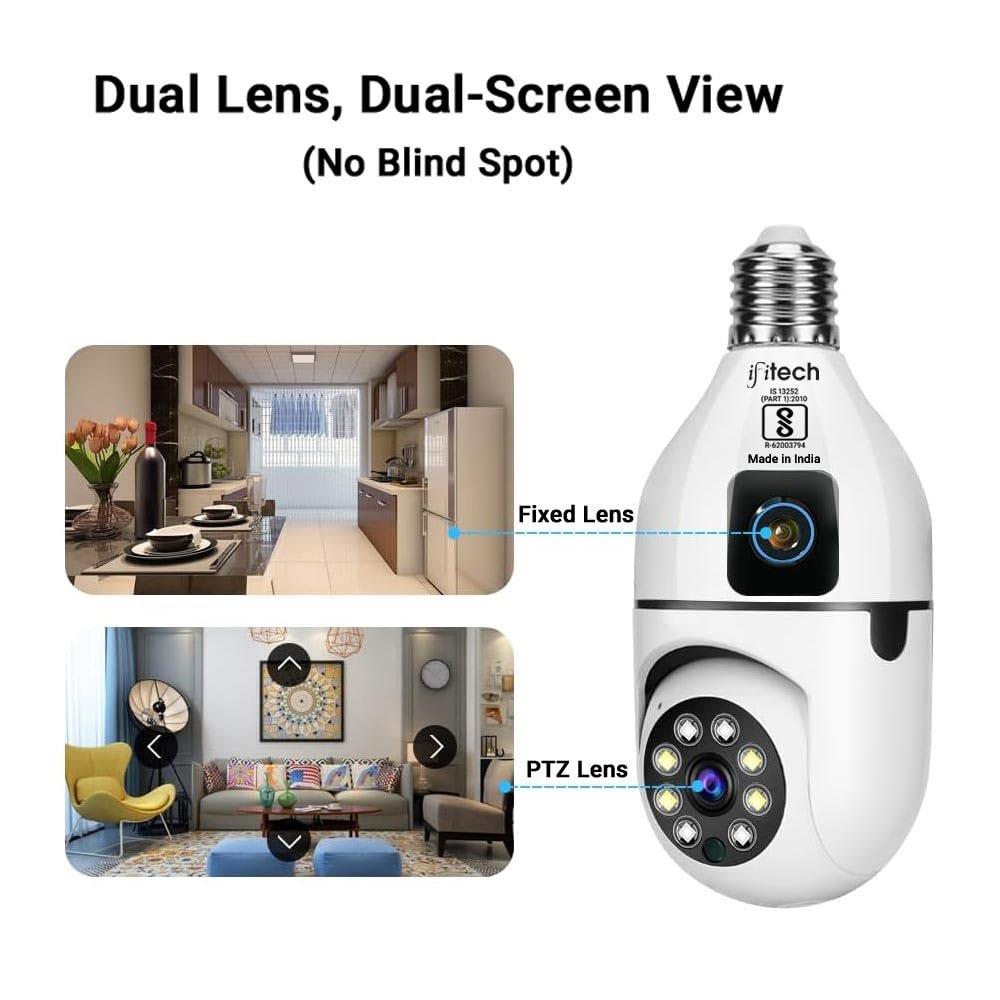 IFITech 4MP Dual Lens WiFi Bulb Camera | Indoor Security and Color Night Vision | 360° Adjustable View, Two‑Way Audio, App Control | WiFi Bulb Security Camera with Adjustable Extension Bulb Holder - Image 5