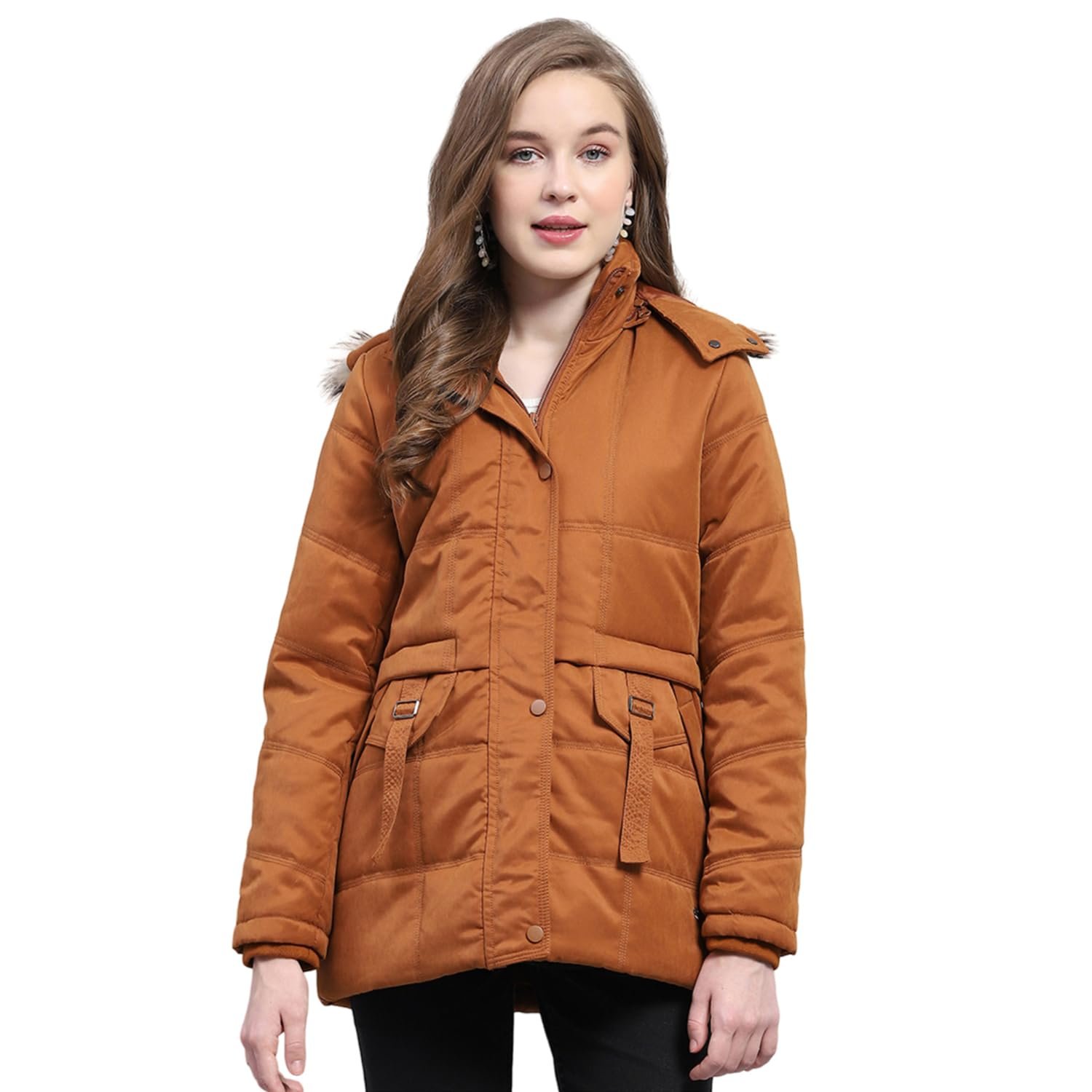 Monte Carlo Women's Polyester Blend Regular Solid Detachable Hood Full Sleeve Jacket