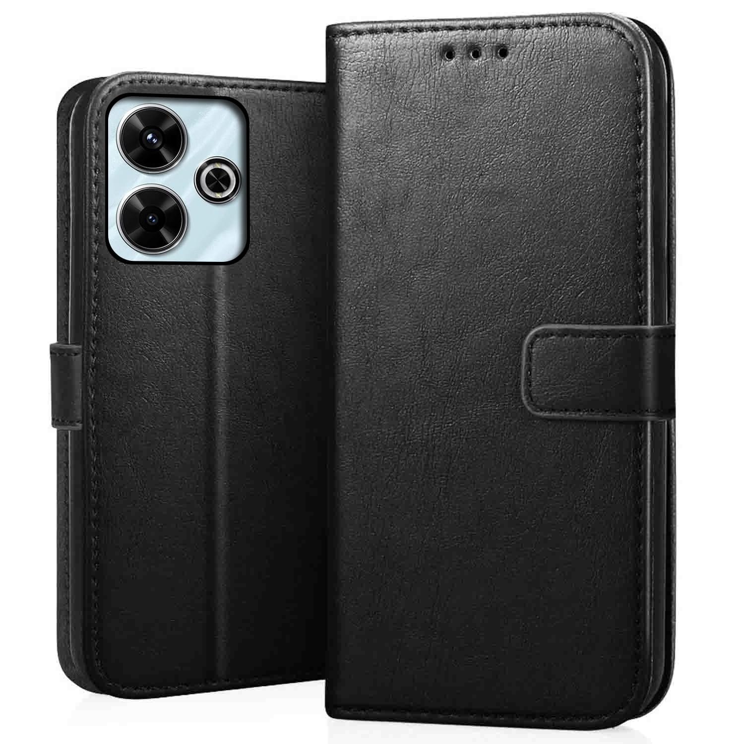 CEDO Redmi 13 (5G) / Redmi 13 Prime Edition/Poco M6 Plus (5G) Flip Cover | Leather Finish | Inside Pockets & Inbuilt Stand | Shockproof Wallet Style Magnetic Closure Back Case Flipcover (Black)