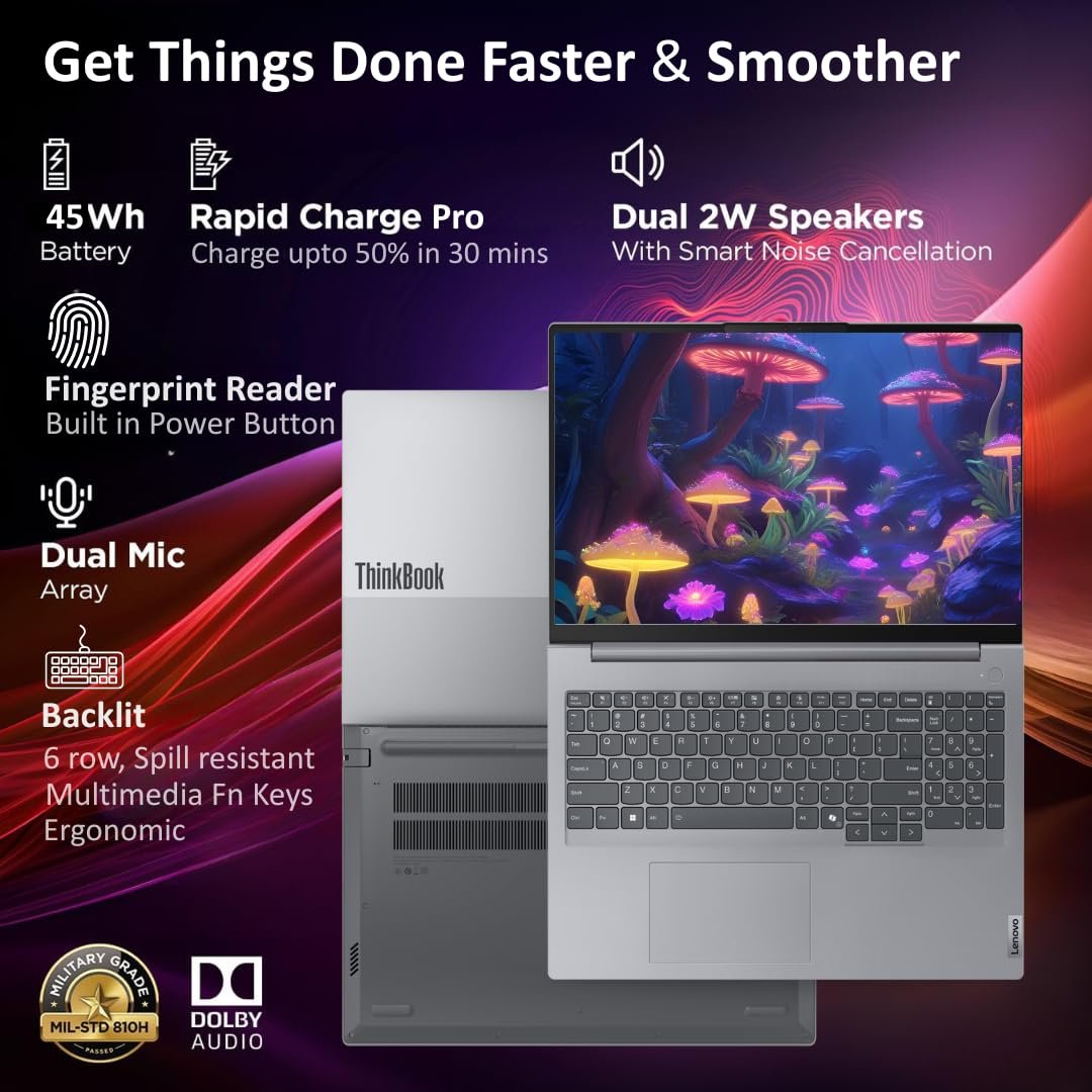 Lenovo ThinkBook 16 AMD Ryzen 7 7735HS (16GB RAM/512GB SSD/Windows 11 Home/Backlit Keyboard/Fingerprint) 16" WUXGA IPS 300 Nits Thin & Light Laptop/1Y Warranty/Aluminium Top/1.7kg, 21MWA0AUIN - Image 3