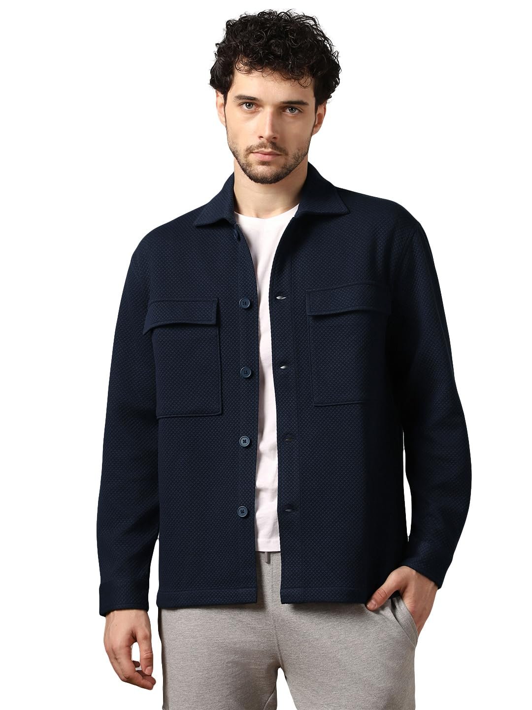 NOBERO Men's Standard Length Oversized Textured Shacket | Quilted | Cotton | Cuffed Sleeves | Winter Jackets | Shackets For Men