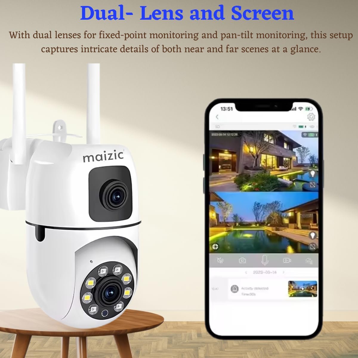 Maizic Smarthome Dual Lens Mini Fox | 5+5MP WiFi CCTV Camera with PTZ & Fixed View | AI Motion Detection, Color Night Vision, Two-Way Audio, 360° Coverage, App Remote Access - Image 3