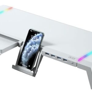 Acer Ergo Multifunction Monitor & Laptop Stand Featuring RGB Lighting and a 4-Port USB Hub with Aluminum Multi Keyboard Storage Space Bar, Suitable for Both Office and Home Environments (White)