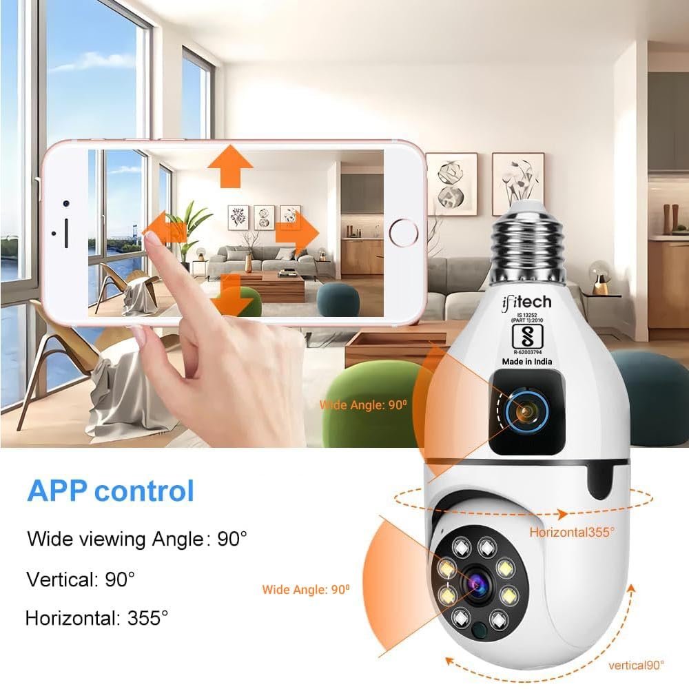 IFITech 4MP Dual Lens WiFi Bulb Camera | Indoor Security and Color Night Vision | 360° Adjustable View, Two‑Way Audio, App Control | WiFi Bulb Security Camera with Adjustable Extension Bulb Holder - Image 6