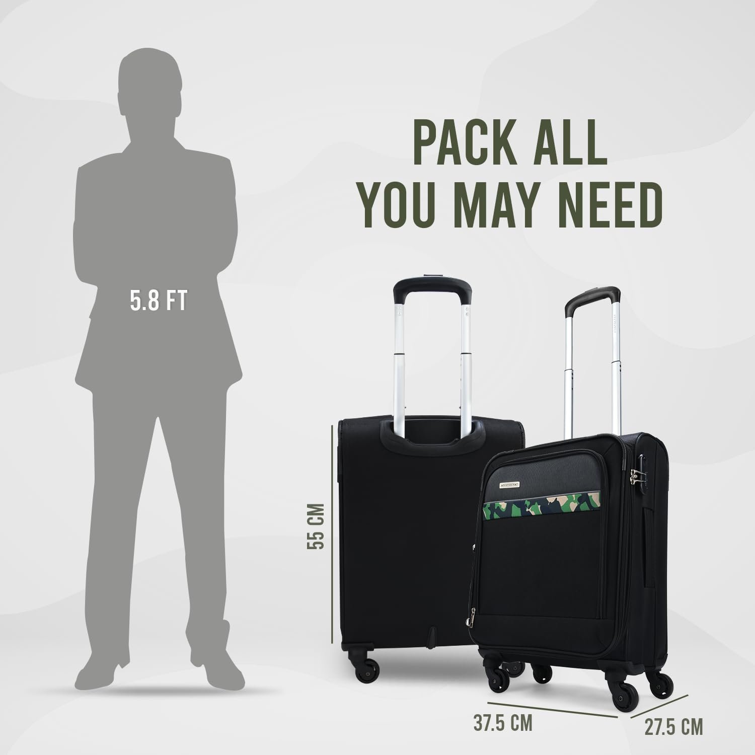 Aristocrat Cabin Commander 55Cms Premium Polyester with PVC Coating Softshell Sided Size 4 Wheels Small Black Inline Suitcase, Medium - Image 4