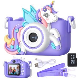 Wembley Kids Digital Camera Compact Unicorn Design Selfie Camera Video Recorder Photo Capture Games 4GB SD Card 2.0 Inch Screen for Girls Boys 4+ 5 6 7 8 – Purple