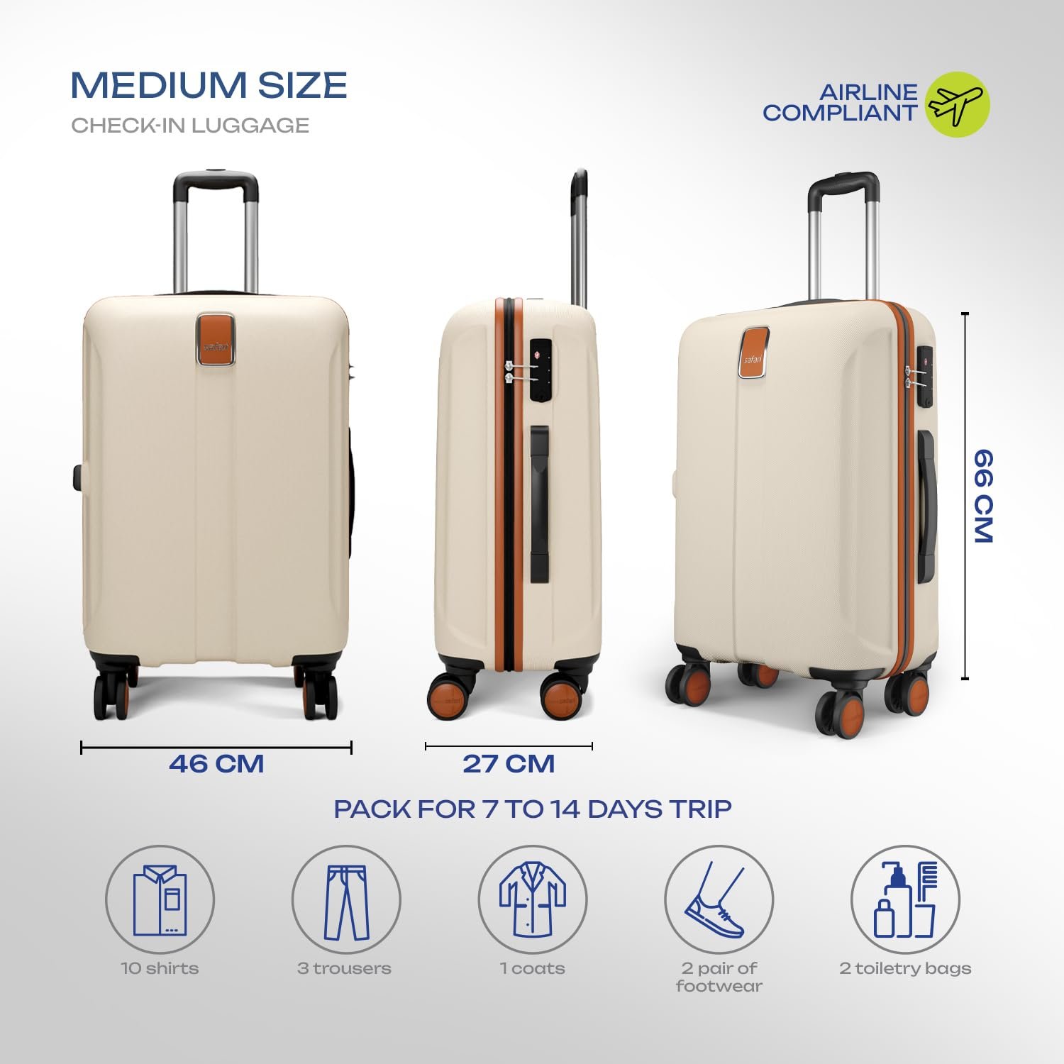 Safari Thorium Royale 8 Wheels 66cm Medium Size Trolley Bag Hard Case Checkin Polycarbonate Luggage, TSA Lock, Wet Pouch Organized Interior, Suitcase for Travel, Trolley Bags for Travel, Vanilla Tan - Image 6