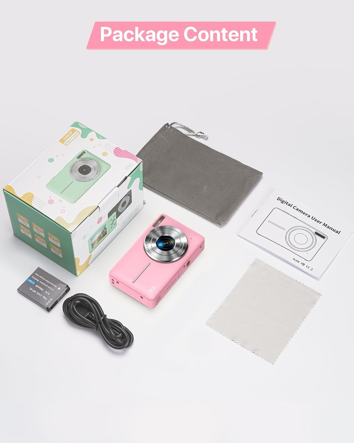 VAHOIALD Digital Camera 1080P FHD Compact Digital Camera 44MP Portable Mini Small Photo Camera with 2.4" LCD Screen, 16X Digital Zoom and 1 Battery Vlogging Camera for Kids, Girls, Boys-Pink, 32 GB - Image 8