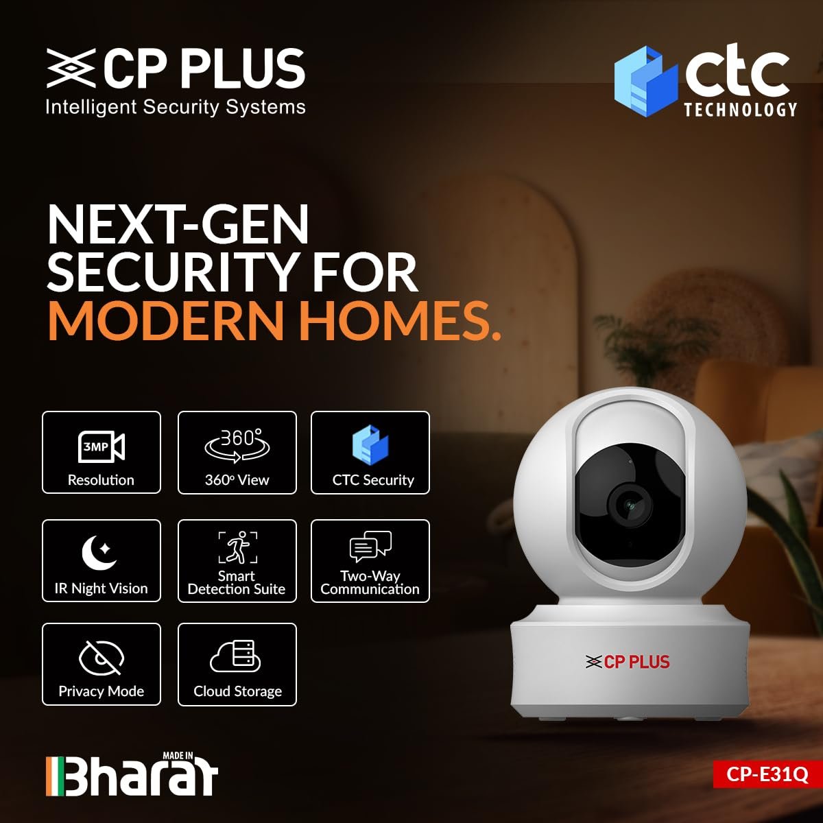 CP PLUS 3MP Resolution Smart Wi-fi CCTV Home Security Camera | 360° View | Motion Tracking | 2-Way Talk | Cloud & SD Card Support | CTC Cyber Secure Tech | 15M Night Vision | CP-E31Q - Image 2