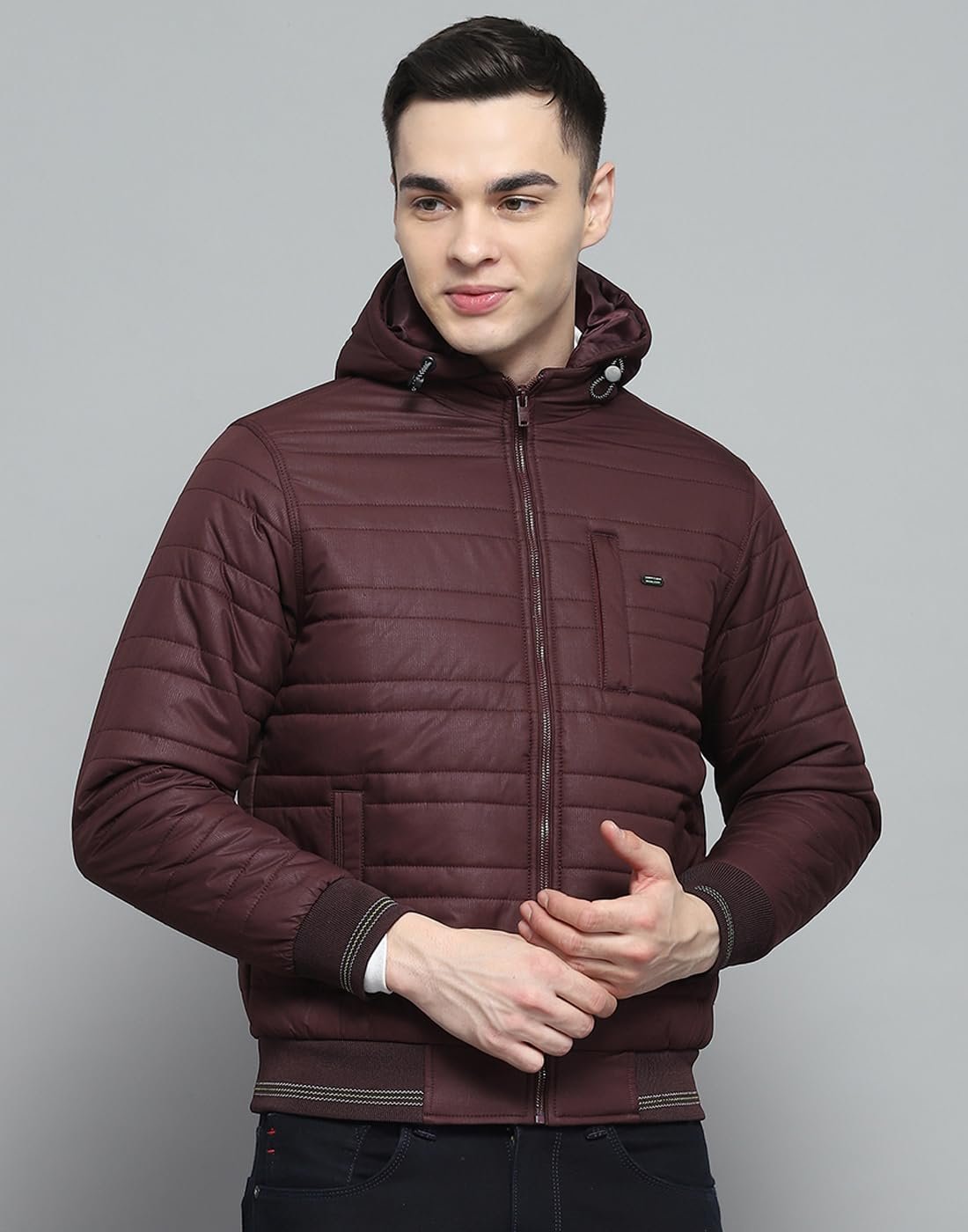 Monte Carlo Mens Solid Wine Hooded Neck Full Sleeve Jacket - Image 2