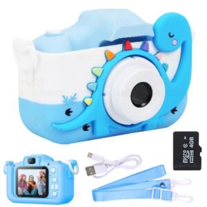 Wembley Kids Digital Camera Compact Dino Design Selfie Camera Video Recorder Photo Capture Games 4GB SD Card 2.0 Inch Screen for Girls Boys 4+ 5 6 7 8 – Blue