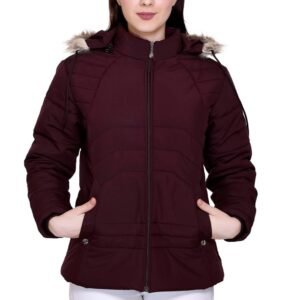 Winter Puffer Jacket with Faux Fur Hood, Quilted, Full Zip, Burgundy