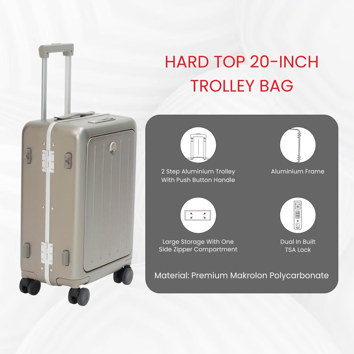 Swiss Military Black Gold Collection Bristol Luggage, Anti-Theft Zipperless Trolley, TSA Lock, 360° Wheels, USB & Type-C Port, 14" in Laptop Compartment, 44L, Makrolon PC, (Free Cover) Gold, 55cm - Image 8