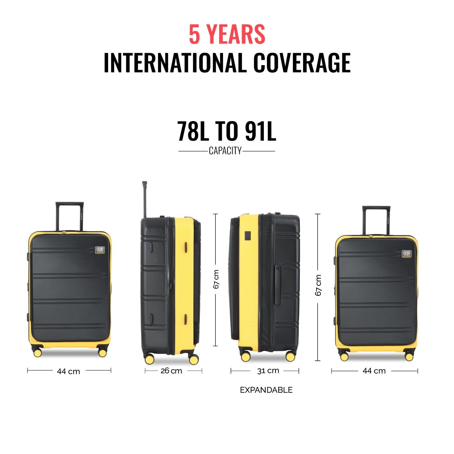 Urban Jungle by Safari Hold-All Premium Top-Open Medium (67 cm) Trolley Bag, Polycarbonate Check-in Suitcase with 8 Silent Wheels & TSA Lock, Hardside Travelling Luggage for Both Men & Women (Yellow) - Image 4