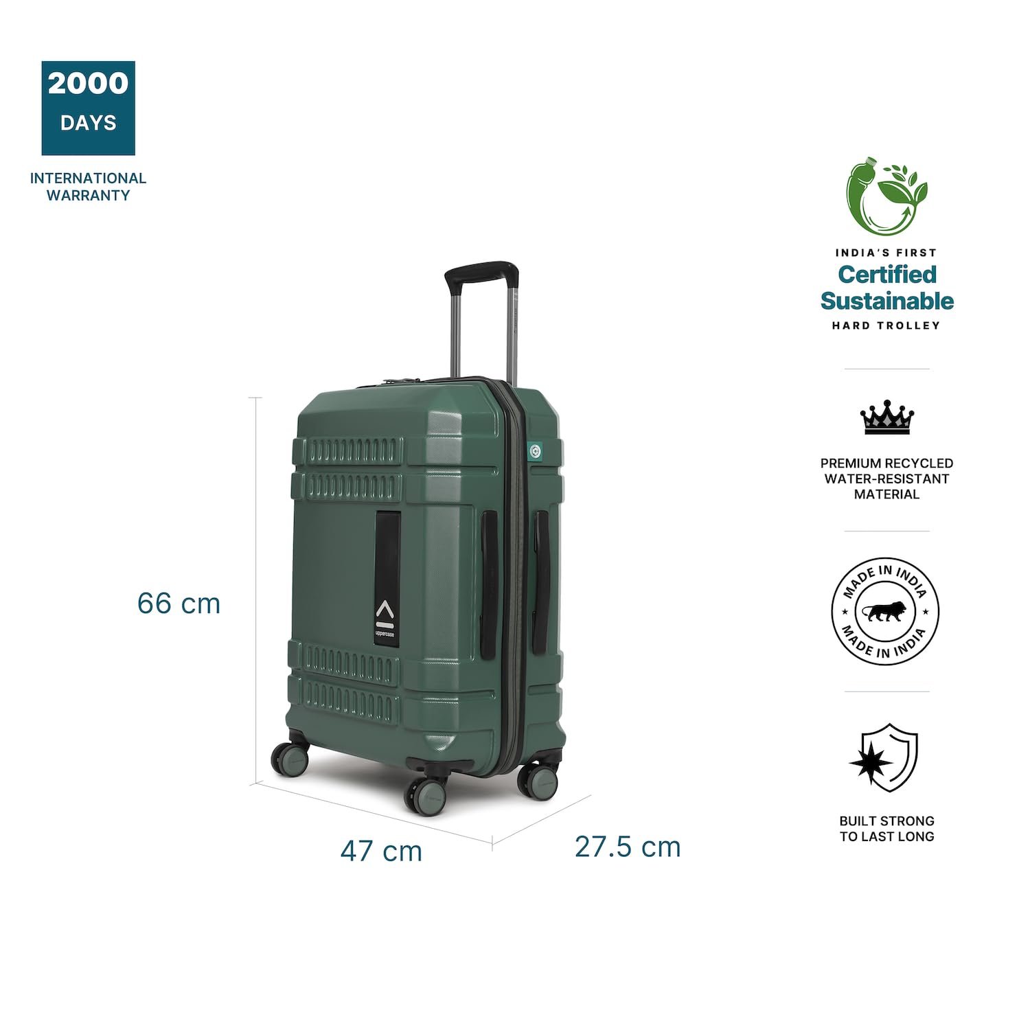 uppercase Bullet (Medium) 66 Cms, Check-In Trolley Bag, Hardsided Luggage Anti-Scratch 8 Wheel Luggage, Tsa Lock & Anti-Theft Zippers, Suitcase For Men & Women, 2000 Days Warranty (Green, Spinner) - Image 5